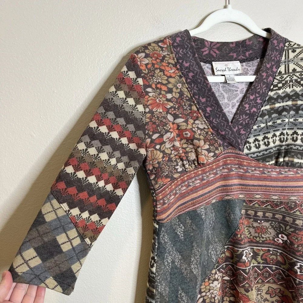 Women Patchwork Micro Dress Tunic‎ Y2K Babydoll Twee S Gilmore Hippie 3/4 Sleeve - Picture 2 of 9